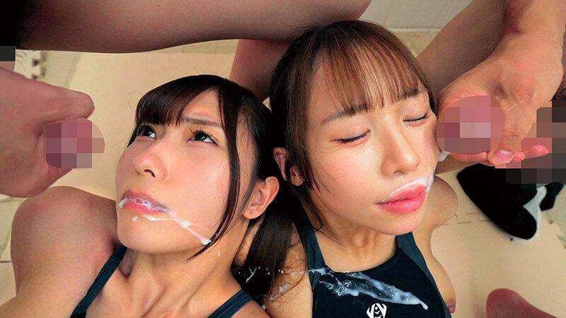 競泳水着姿の逢沢みゆちゃん・天羽りりかちゃん。かわいい顔に射精。