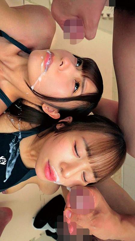 競泳水着姿の逢沢みゆちゃん・天羽りりかちゃん。かわいい顔に射精。