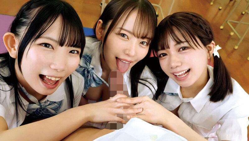 フェラしてくれる、女子高生姿の日向由奈ちゃん・西元めいさちゃん・南日菜乃ちゃん。