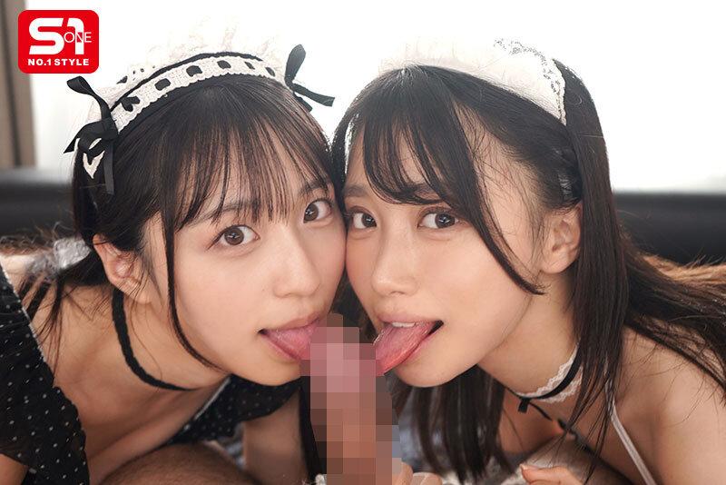 フェラしてくれる、セクシーメイド姿の安達夕莉ちゃんと新木希空ちゃん。